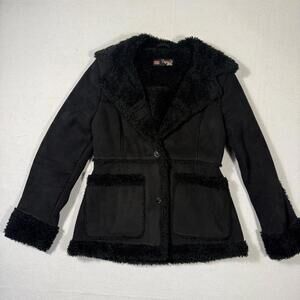 Vintage Mudd Jacket Faux Fur Lined Suede Y2K Black Button Up Retro Women Sz S